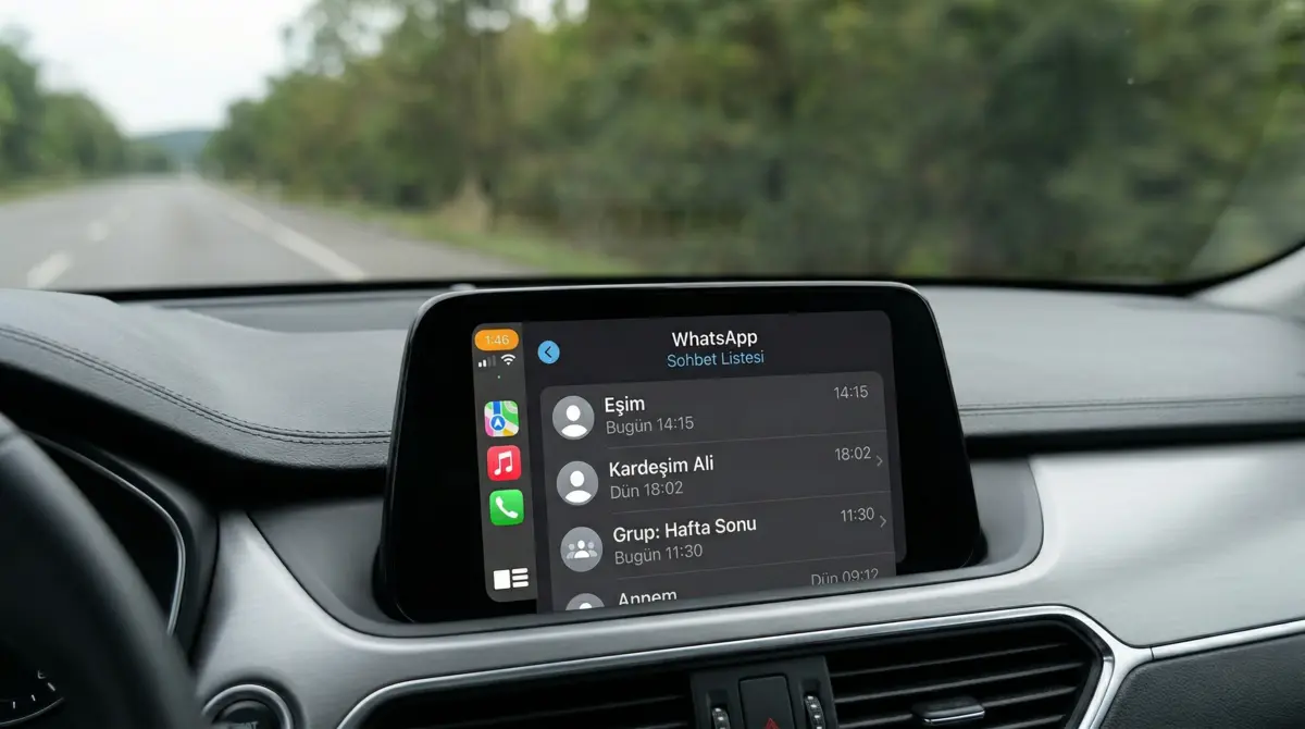 Otomobil ön konsolunda, apple carplay arayüzünde türkçe whatsapp sohbet listesini (eşim, kardeşim ali, grup: hafta sonu, annem) gösteren ekran