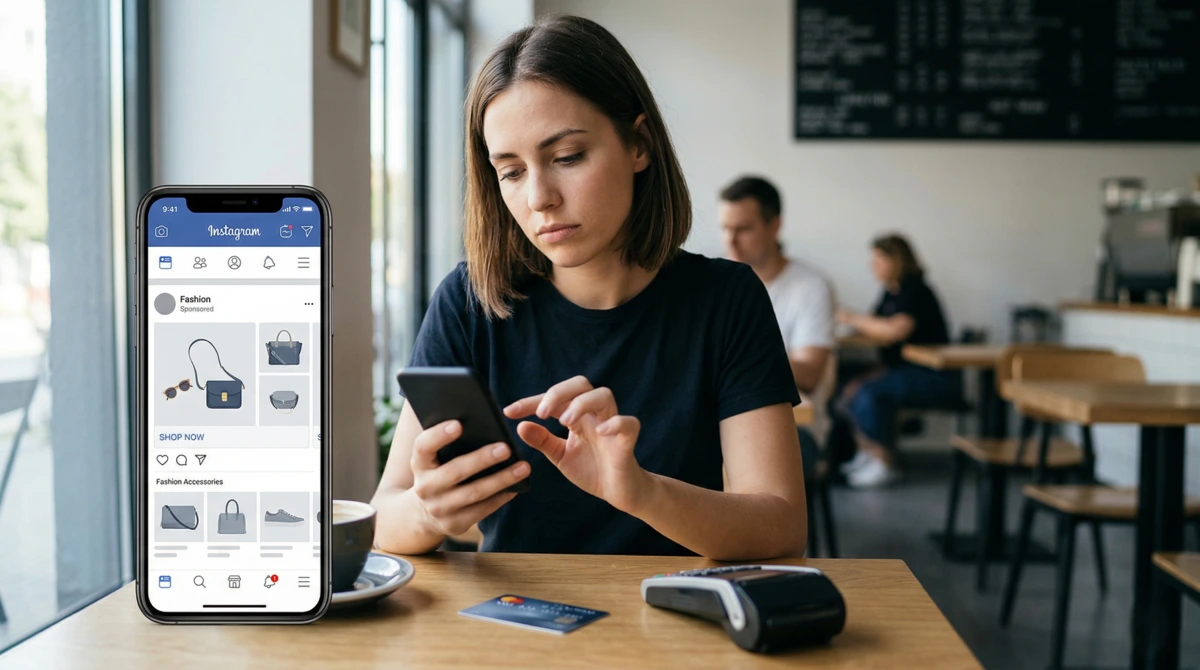 Sosyal medya reklamlarının harcamaları tetiklemesi ve akıllı telefon üzerinden dürtüsel alışveriş risklerini gösteren dijital haber görseli