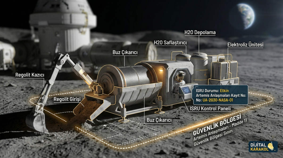 Nasa'nın artemis ii ay görevi kapsamında ay yüzeyinde yürüten bir astronot, yeni kurulan ay üssü ve orion kapsülü. Görsel üzerinde türkçe 'ay'da yeni̇ dönem: nasa üs kuruyor, mülki̇yet tartişiliyor' ve 'uzay madenciliği hukuku' başlıkları ile 'di̇ji̇tal karakol' logosu bulunuyor.