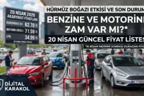 20 nisan 2026 güncel akaryakıt fiyatlarını gösteren benzin istasyonu tabelası ve dijital karakol haber manşeti görseli.