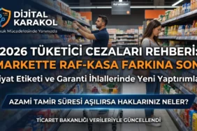 Market reyonunda etiket inceleyen tüketiciler ve 2026 tüketici hakları ihlalleri, raf-kasa fiyat farkı cezaları haber manşeti.