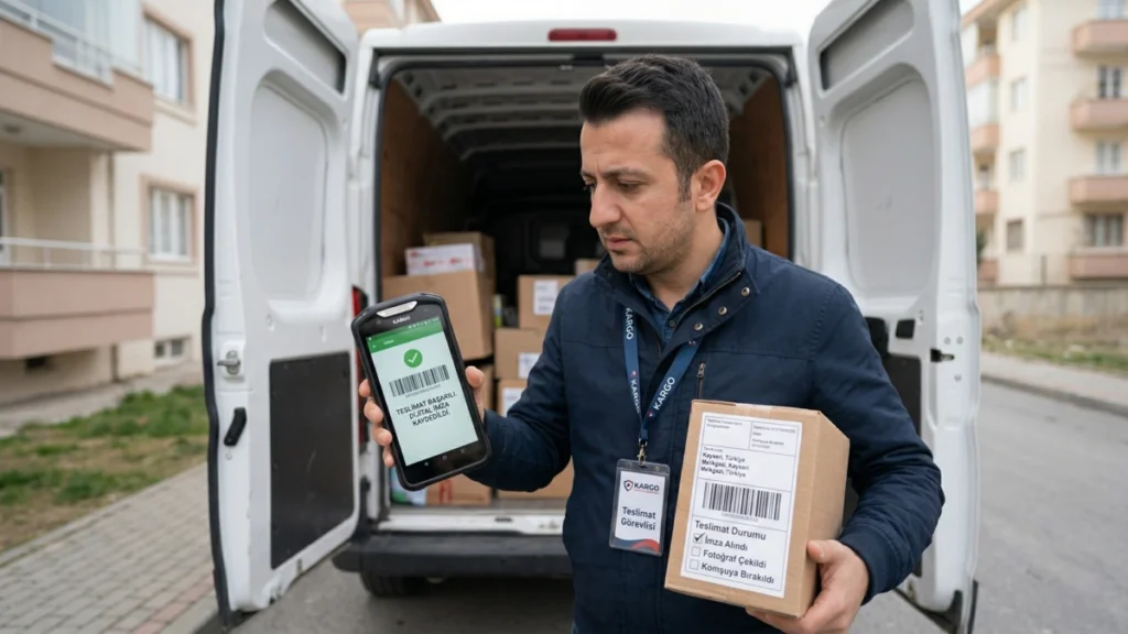 Kargo takip sisteminde teslim edildi görünen ama adrese ulaşmayan paket mağduriyetini temsil eden kurye ve teslimat cihazı görseli.
