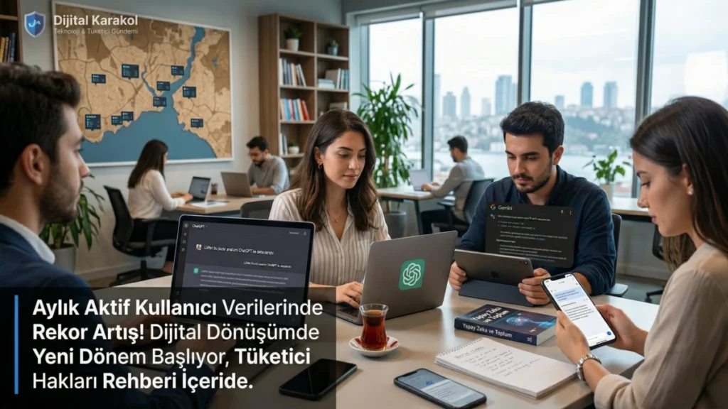 Türkiye'de dijital dönüşüm: bir ofis ortamında chatgpt ve gemini yapay zeka uygulamalarını kullanan profesyoneller ve çalışma alanı detayları.