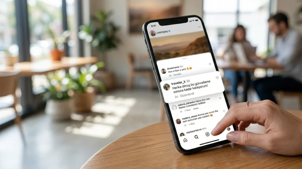 Bir kafe ortamında masada duran akıllı telefon ekranında, instagram uygulamasının yorumlar bölümünün ve yeni 'yorum düzenle' (edit comment) penceresinin yakından görünümü.