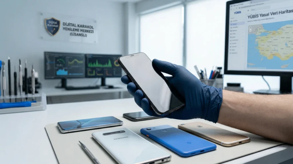 Ticaret bakanlığı lisanslı yenileme merkezinde uzman teknisyen tarafından teknik incelemesi ve veri temizliği yapılan akıllı telefonlar.