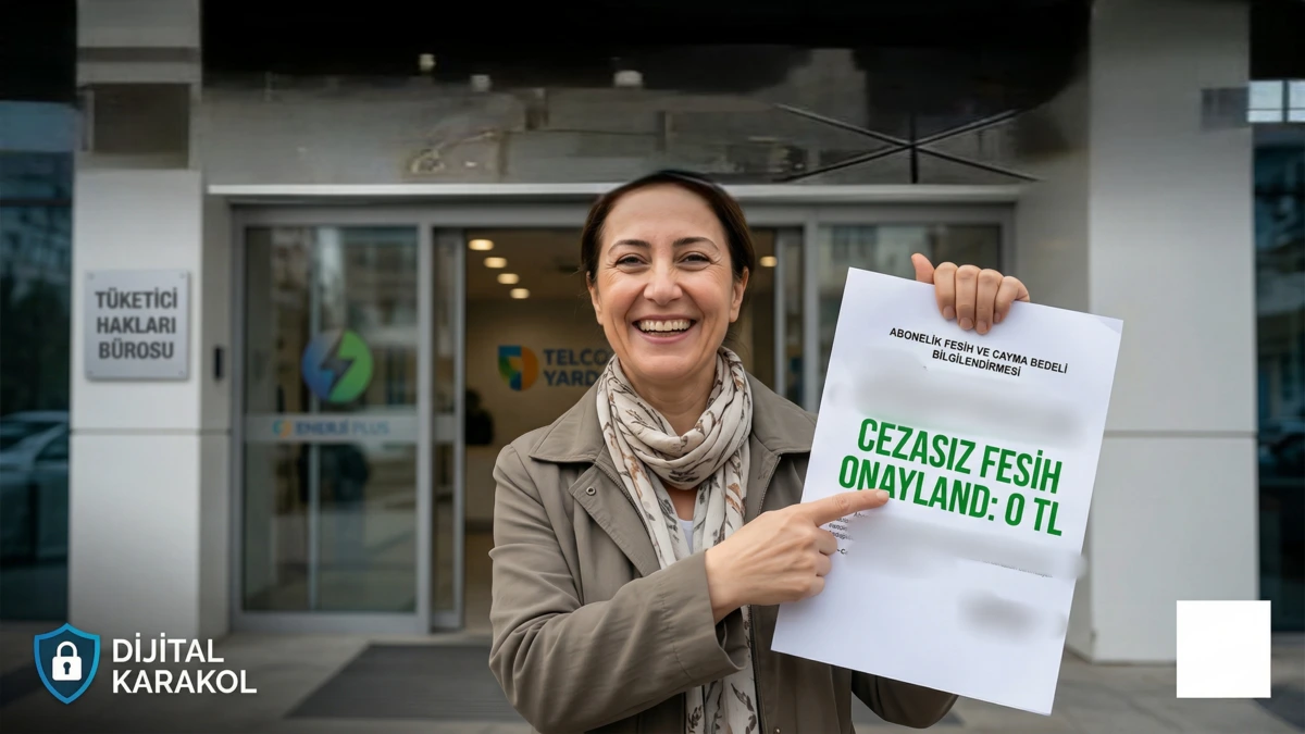 1 yıldan uzun süreli aboneliğini cayma bedeli ödemeden iptal ettiren ve elinde "cezasız fesih onaylandı: 0 tl" yazılı resmi evrak tutan mutlu tüketici.