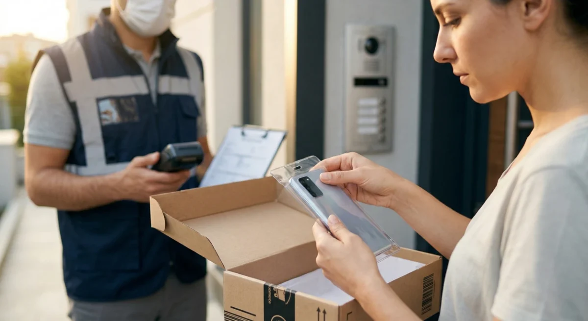 Kapıda ödeme ile gelen kargo paketini kurye gözetiminde kontrol ederek teslim alan bilinçli tüketici ve şeffaf paketleme örneği.