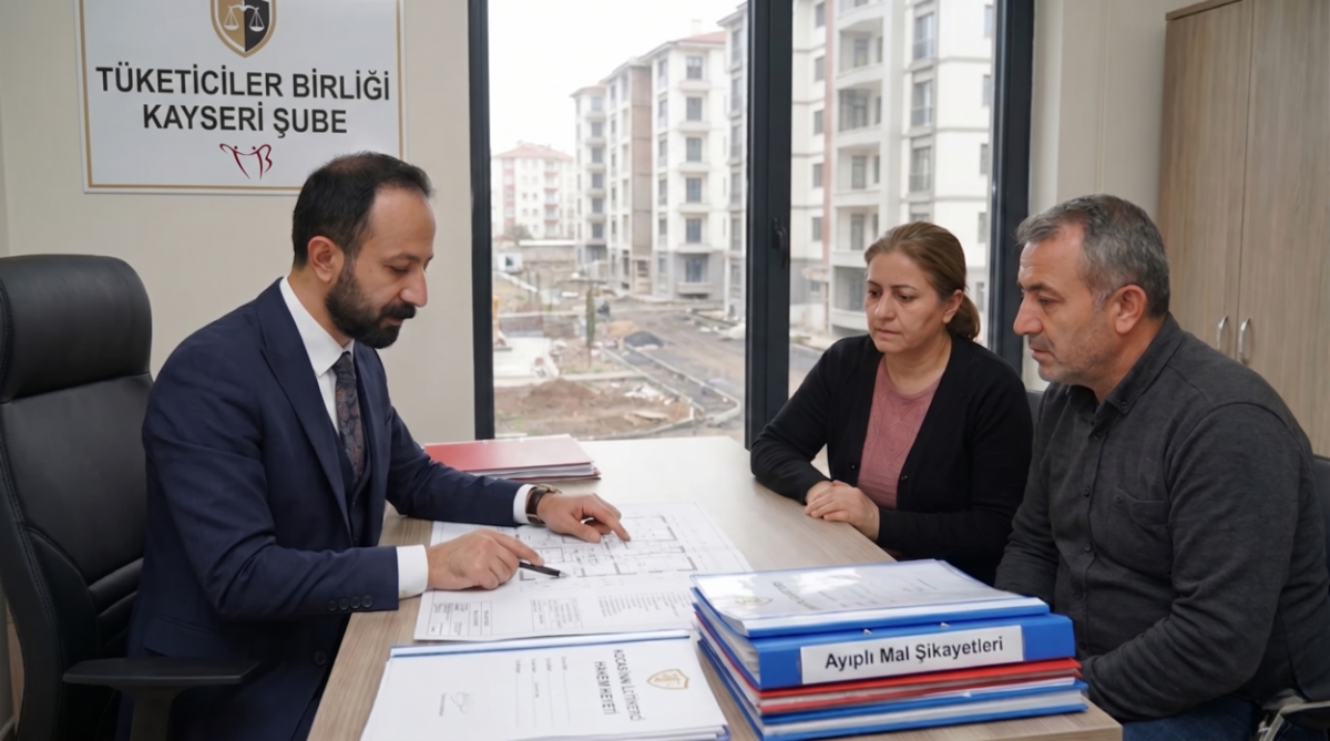 Mağdur tüketiciler, sıfır konutlardaki ayıplı mal şikayetleri için kocasinan i̇lçe tüketici hakem heyeti'nde dosya inceliyor.