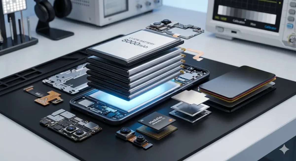 Tecno pova curve 2 5g akıllı telefonunun 8000 mah kapasiteli bataryasını ve mediatek dimensity 7100 işlemcisini gösteren iç donanım bileşenleri.