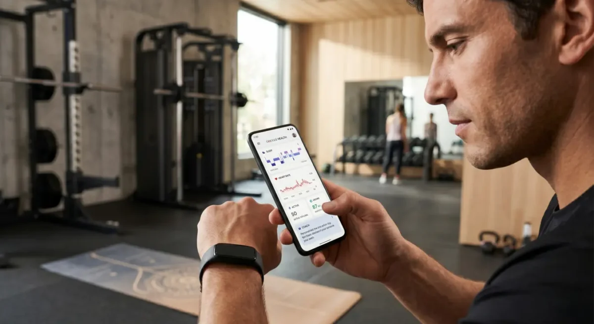 Spor salonunda ekransız fitbit air bileklik kullanan bir kişinin akıllı telefondaki google health uygulaması üzerinden sağlık verilerini analiz etmesi.