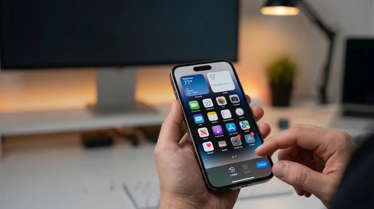 Ios 27 işletim sistemine sahip bir iphone modelinde, ana ekran düzenleme modundayken alt kısımda beliren geri al ve yinele seçeneklerinin görünümü.