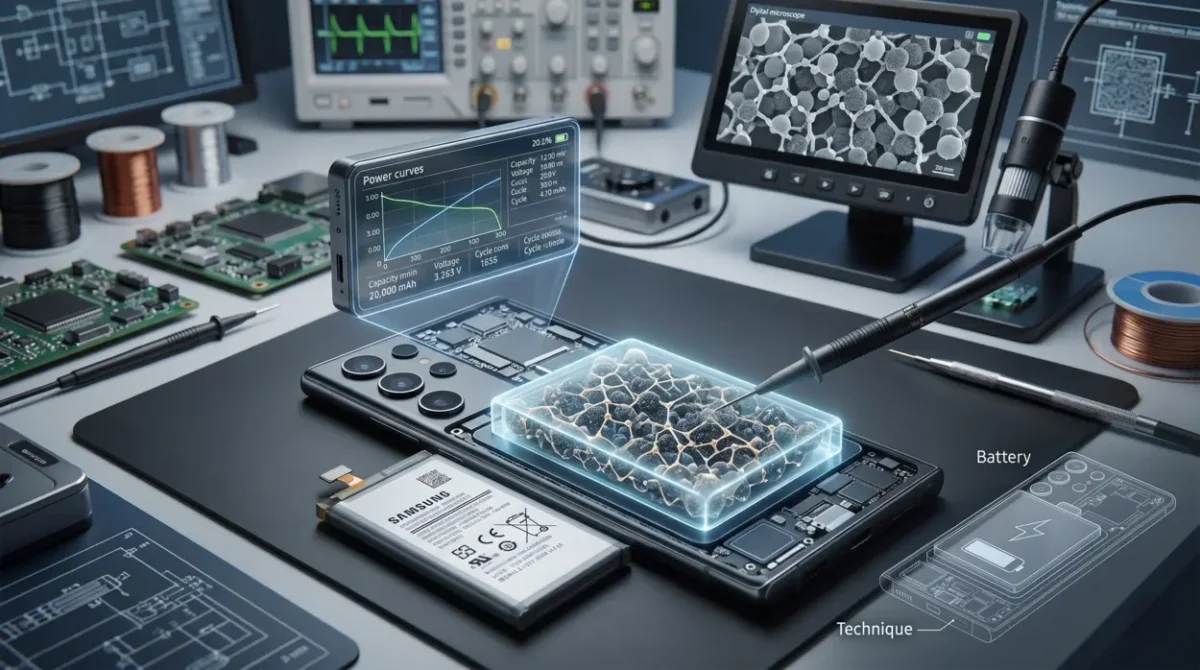 Samsung galaxy s27 ultra'nın parçalarına ayrılmış kasasında, yeni nesil silikon-karbon batarya prototipinin laboratuvar ortamında teknik prob ile test edilme sürecini gösteren detaylı bir render görseli. Görselde, eski lityum-iyon batarya ile karşılaştırma ve mikroskop görüntüsü yer alıyor.