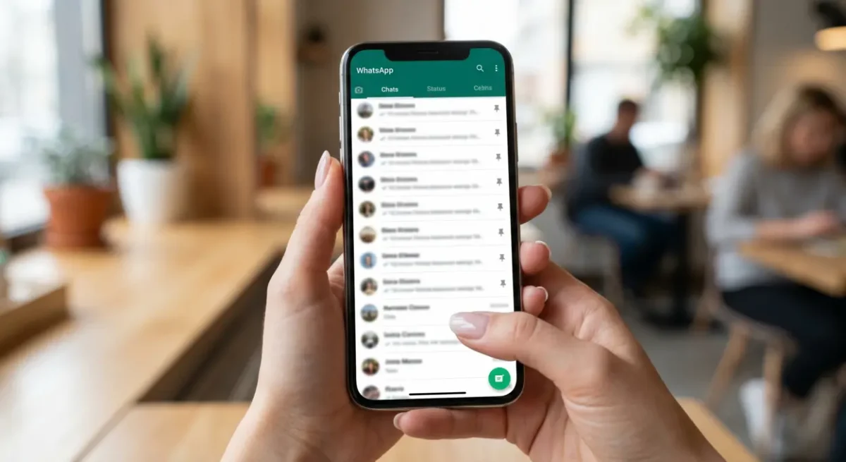 Bir kafede akıllı telefon ekranında, whatsapp plus aboneliğiyle gelen geliştirilmiş sohbet sabitleme özelliğini canlandıran çok sayıda (yaklaşık 12-15 adet) iğnelenmiş whatsapp sohbet listesinin yakın çekim bir fotoğrafı.