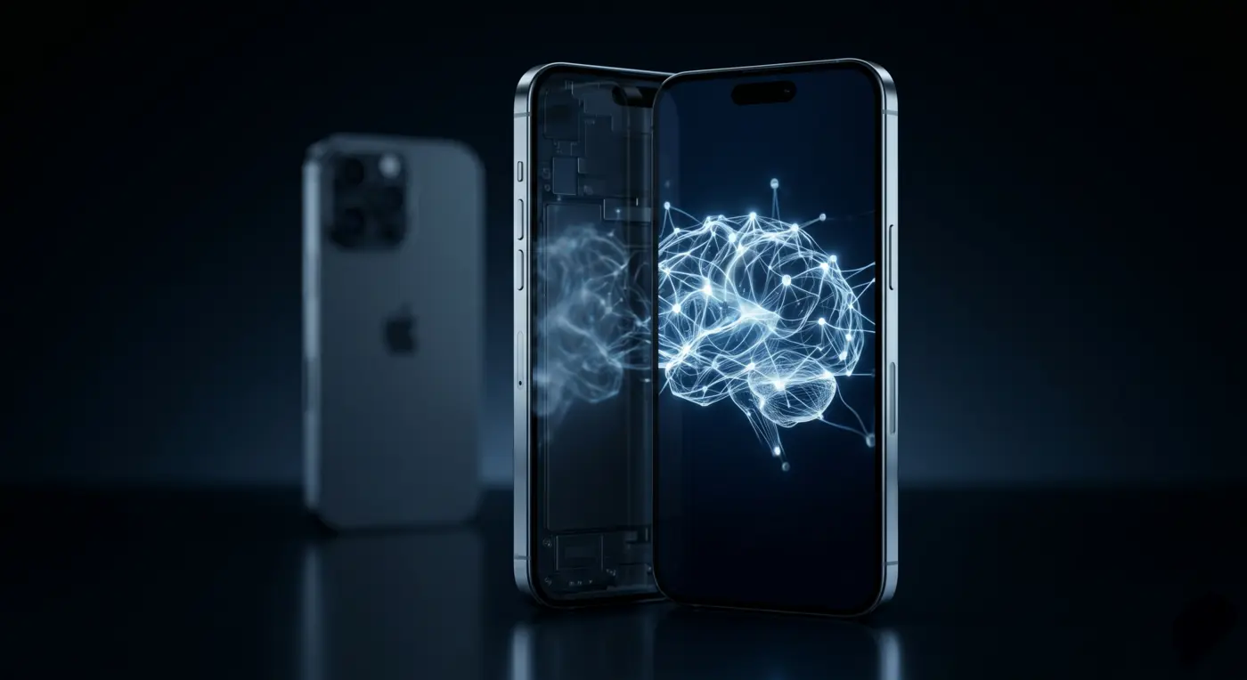 Openai'ın iphone'a rakip olarak geliştirdiği, ekranında aydınlık bir yapay zeka sinir ağı parlayan fütüristik akıllı telefon konsept tasarımı.
