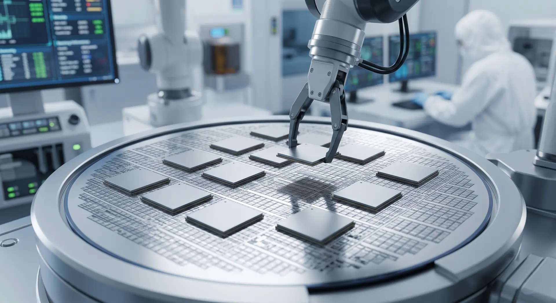 Tsmc laboratuvarlarında üretilen xiaomi xring o1 3nm işlemcilerinin yüksek teknolojili üretim bandını ve silikon yonga (wafer) dizilimini gösteren temsilî teknoloji görseli.