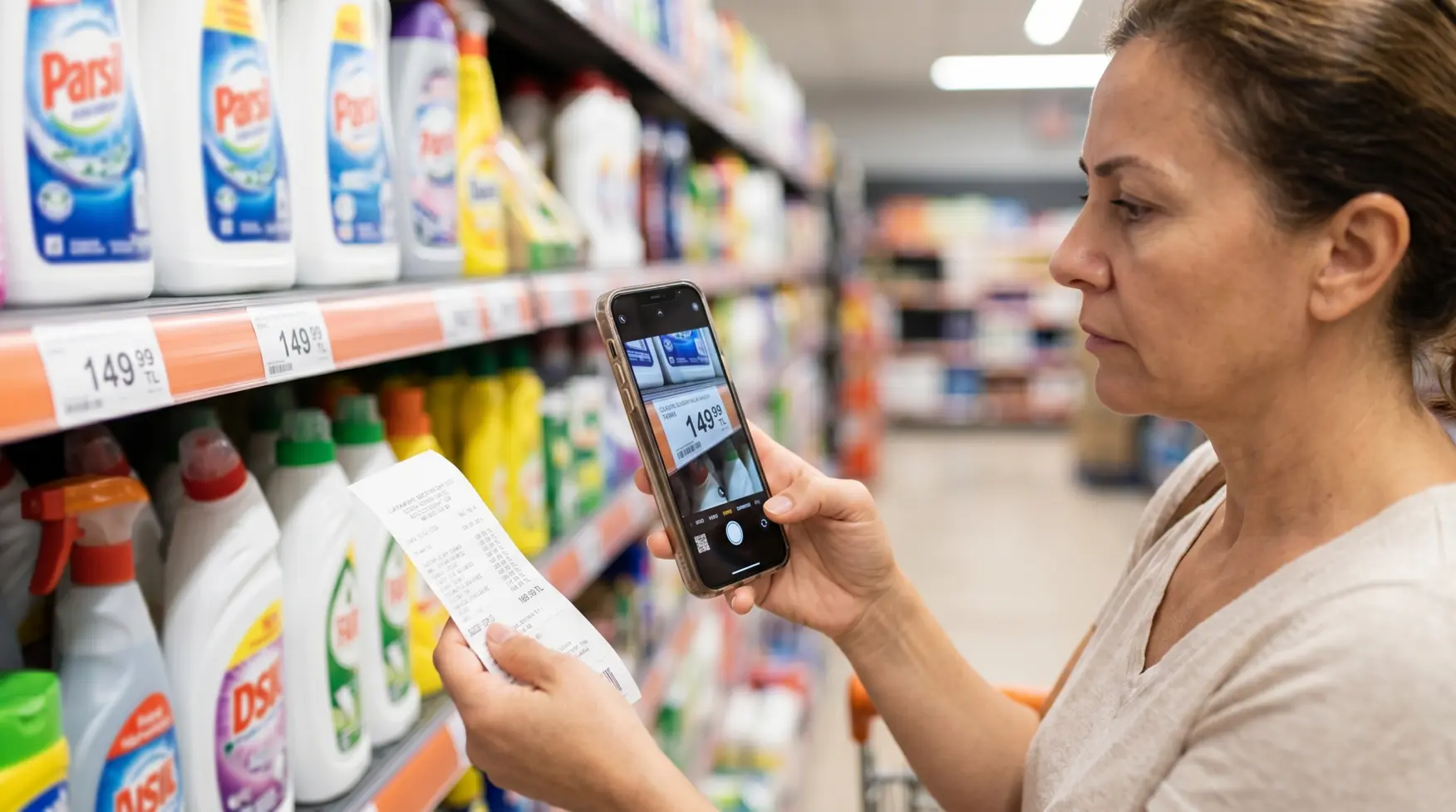 Market alışverişinde raf ve kasa fiyatı uyuşmazlığını belgelemek için akıllı telefonuyla etiket fotoğrafı çeken bilinçli tüketici.