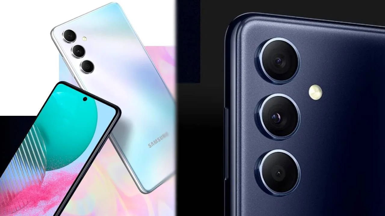 Gümüş ve koyu mavi renk seçenekleriyle samsung galaxy m54 akıllı telefonunun ön ekranı ile üçlü arka kamera dizilimini gösteren detaylı tasarım görseli.