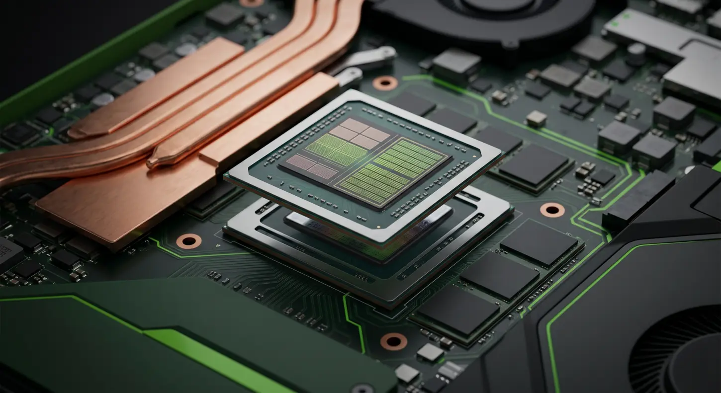 Nvidia n1x işlemci yongası, blackwell mimarisi ve dizüstü bilgisayar soğutma bloğunu gösteren donanım detayı.