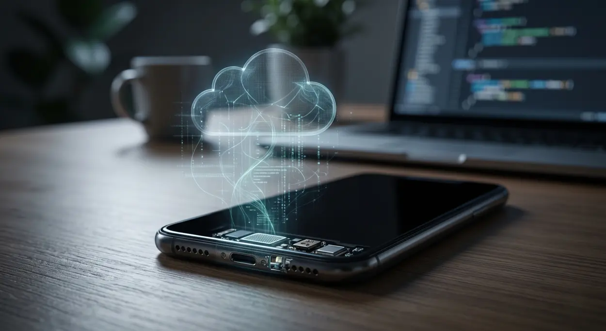 Masa üzerinde duran bir akıllı telefondan bulut sunucusuna dijital veri aktarımını ve arka planda veri işleme sürecini temsil eden profesyonel illüstrasyon. Görselin arka planında siber güvenlik ve yazılım detaylarını simgeleyen, üzerinde kodlar bulunan bir dizüstü bilgisayar yer almaktadır.