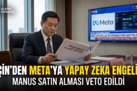 Çin hükümetinin meta'nın manus şirketini satın alma anlaşmasını veto etmesini temsil eden, üzerinde "çin'den meta'ya yapay zeka engeli" manşeti bulunan dijital karakol yapay zeka haber görseli.