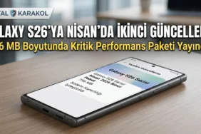 Samsung galaxy s26 serisi için nisan 2026'da yayınlanan 756 mb boyutundaki ikinci yazılım güncellemesini ve sistem kararlılığı iyileştirmelerini duyuran dijital karakol haber manşeti görseli.