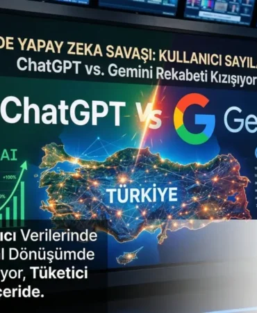 Türkiye yapay zeka kullanıcı istatistikleri, chatgpt ve gemini rekabetini gösteren türkiye haritası ve büyüme grafikli haber manşeti görseli.