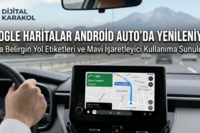 Android auto navigasyon ekranında google haritalar'ın yeni kalın mavi yol işaretleyicisi ve belirginleştirilmiş sokak etiketleri güncellemesi.