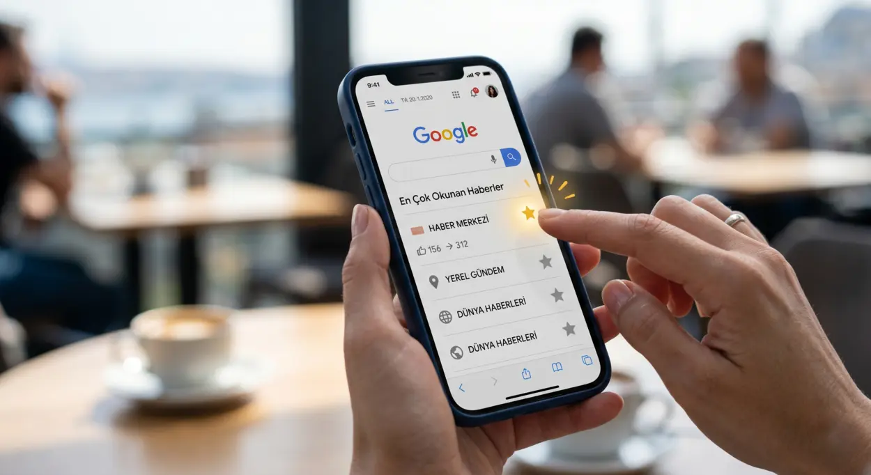 Google tercih edilen kaynaklar özelliği ile bir haber sitesini favori listesine eklemek için yıldız simgesine dokunan kullanıcı eli.