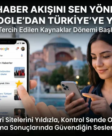 Google tercih edilen kaynaklar özelliğinin türkiye'de kullanıma sunulmasını gösteren, akıllı telefon üzerinden haber sitelerinin favorilere eklendiği dijital karakol haber görseli.