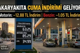 Cuma günü motorin ve benzine gelecek indirimi duyuran, üzerinde güncel fiyat tabelası ve araçların bulunduğu akaryakıt istasyonu manşet görseli.