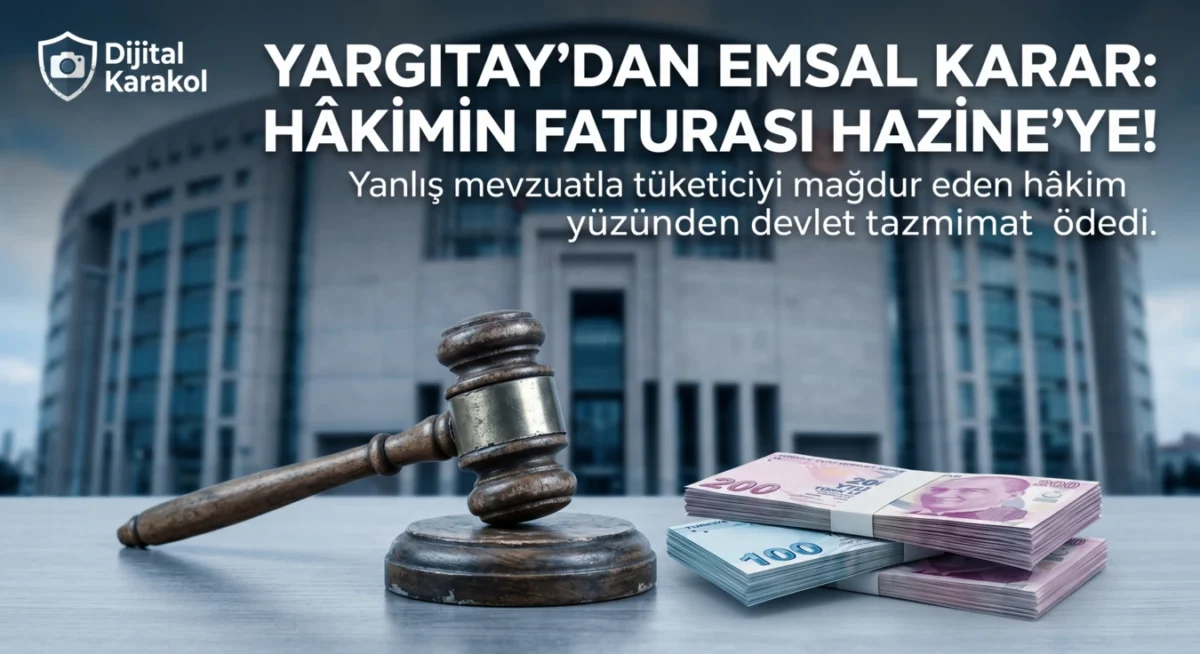 Özel okul davasında yanlış mevzuat uygulayan hâkim nedeniyle devletin tüketiciye ödediği tazminatı temsil eden adalet tokmağı ve Türk Lirası.