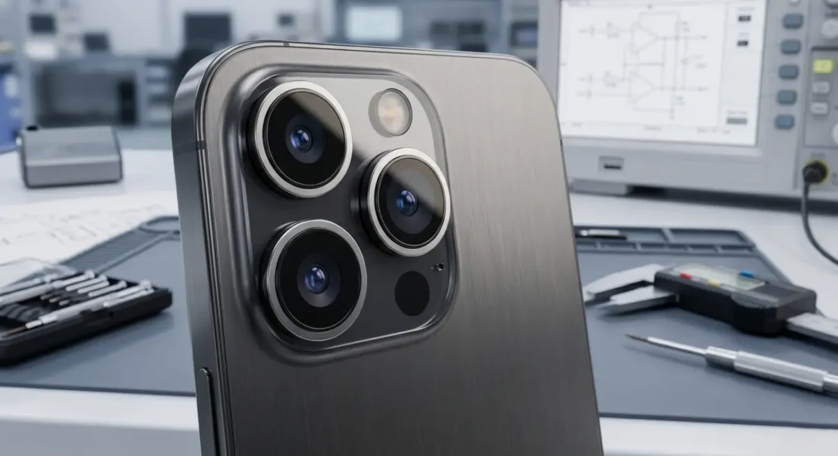 Laboratuvar ortamında incelenen iphone 18 pro max metal prototipinin kalınlaşan kamera modülü ve genişleyen lens detayları.