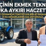 Tüketiciler birliği genel başkanı mahmut şahin ve mağdur çiftçi ali özdemir, hukuka aykırı traktör haczi sonrası adliye önünde suç duyurusunda bulunuyor.