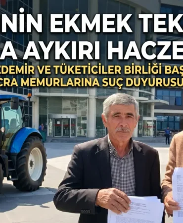 Tüketiciler birliği genel başkanı mahmut şahin ve mağdur çiftçi ali özdemir, hukuka aykırı traktör haczi sonrası adliye önünde suç duyurusunda bulunuyor.