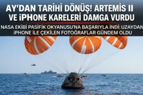 Nasa'nın artemis ii görevini tamamlayan orion kapsülünün pasifik okyanusu'na paraşütlerle iniş anını ve uzayda çekilen iphone fotoğraflarını konu alan dijital karakol haber manşeti.