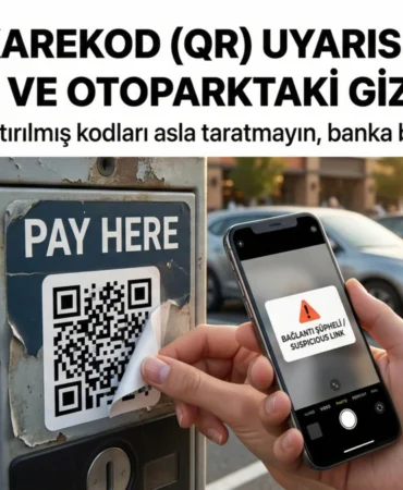 Otopark ödeme noktasındaki cihazın üzerine dolandırıcılar tarafından yapıştırılan sahte qr kodu (quishing) ve akıllı telefonda beliren şüpheli bağlantı uyarısı.