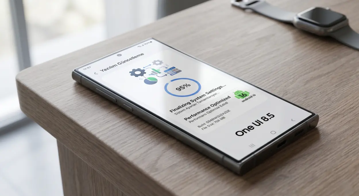 Samsung galaxy s26 akıllı telefon ekranında görülen one ui 8. 5 ve android 16 tabanlı, 756 mb boyutundaki nisan 2026 yazılım güncellemesi yükleme arayüzü.