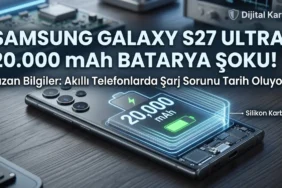 Dijital karakol platformu için hazırlanan, samsung galaxy s27 ultra'nın sızan 20. 000 mah silikon karbon batarya teknolojisini gösteren teknik bir render görseli. Görselin üzerinde 'samsung galaxy s27 ultra: 20. 000 mah batarya şoku! ' başlığı ve dijital karakol logosu yer alıyor.