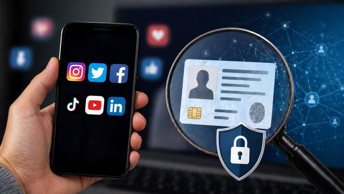 Sosyal medyada kimlik doğrulama zorunluluğunu temsil eden konsept görsel. Bir elde sosyal medya uygulamalarının açık olduğu akıllı telefon, yanında büyüteçle incelenen çipli kimlik kartı ve asma kilitli güvenlik kalkanı bulunuyor.