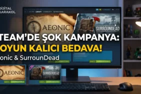 Steam platformunda kısa süreliğine kalıcı olarak ücretsiz olan aeonic ve surroundead oyunlarının kütüphaneye eklenme fırsatını duyuran kampanya görseli.