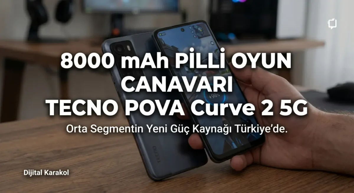 Bir kişinin elinde tuttuğu TECNO POVA Curve 2 5G akıllı telefonunun ön ve arka tasarımı, 8000 mAh batarya kapasitesi ve oyuncu odaklı donanım detayları.