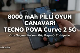 Bir kişinin elinde tuttuğu tecno pova curve 2 5g akıllı telefonunun ön ve arka tasarımı, 8000 mah batarya kapasitesi ve oyuncu odaklı donanım detayları.