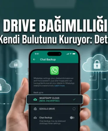 Whatsapp'ın google drive zorunluluğunu kaldıran, uçtan uca şifreli yeni kendi bulut yedekleme sistemini gösteren akıllı telefon ekranı.