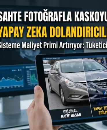 Yapay zeka ile üretilen sahte araç hasar fotoğraflarının sigorta dolandırıcılığını ve kasko primlerini artırdığını gösteren tüketiciler birliği uyarı manşeti.