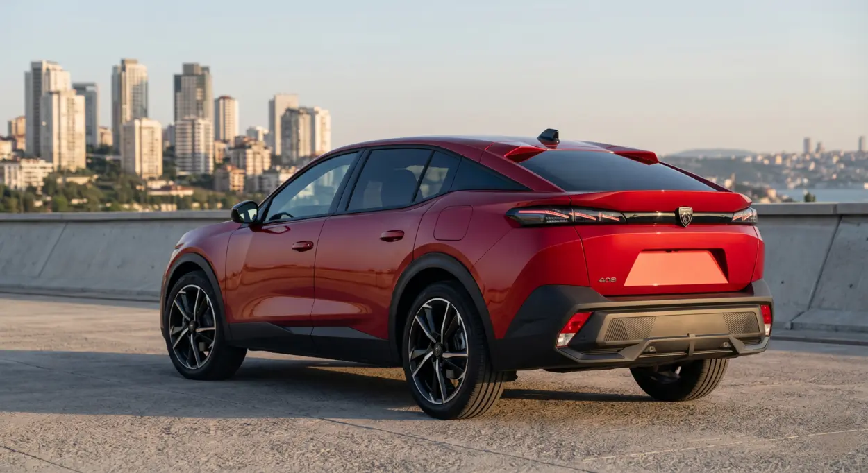 Yeni peugeot 408 hibrit modelinin arka ve yan profilini gösteren, karakteristik fastback hatlarını ve şehir manzarasını öne çıkaran profesyonel dış tasarım görseli.