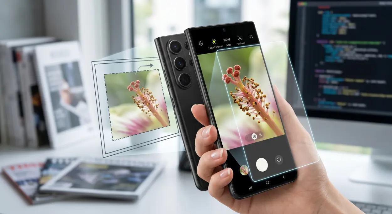 Samsung galaxy s26 ultra akıllı telefon ekranında makro çekim sırasında oluşan kadraj kayması ve fotoğraf kırpma hatasını gösteren teknik şematik görünüm.