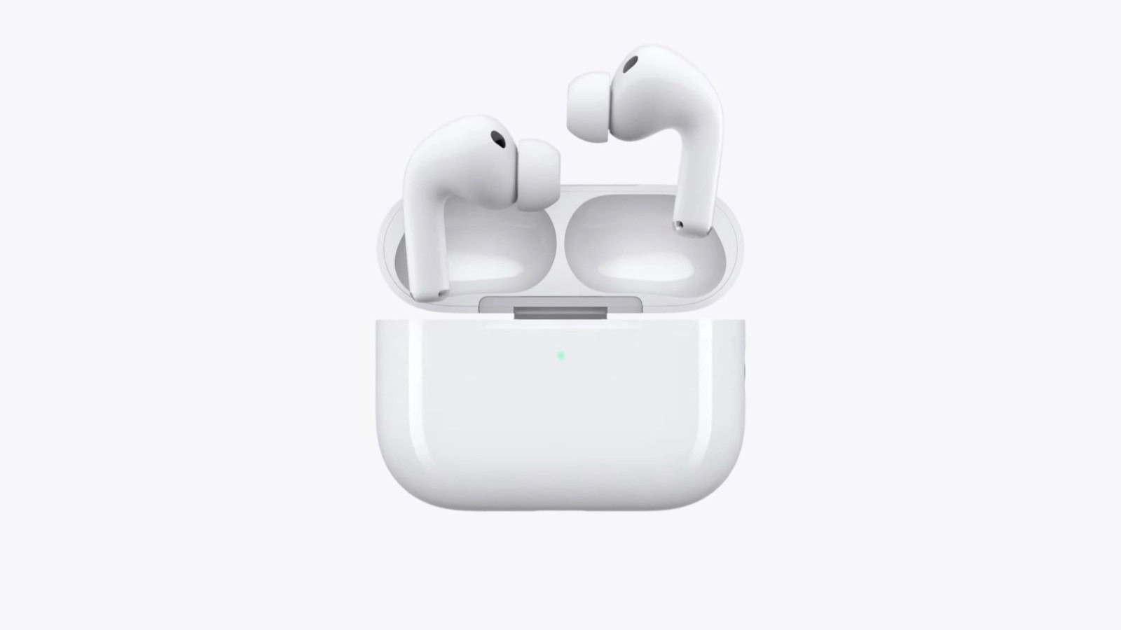 Beyaz zemin üzerinde, açık şarj kutusuyla birlikte apple airpods pro 3 kablosuz kulaklıkları.