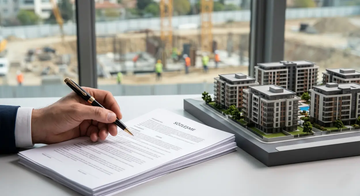 Modern konut sitesi maketi ve vinçlerin görüldüğü inşaat sahası manzarası önünde emlak satış sözleşmesi imzalayan el.