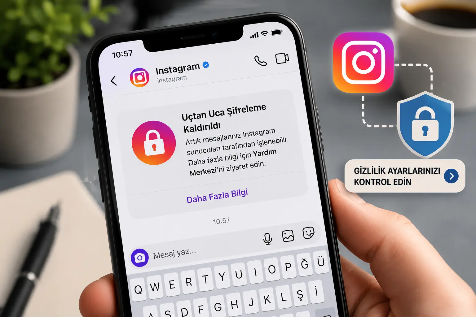 Instagram direkt mesajlarında uçtan uca şifreleme desteğinin kaldırılmasını gösteren, kullanıcıya gizlilik ayarlarını kontrol etmesi uyarısı veren haber detay görseli.