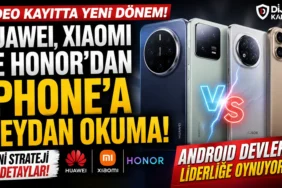 Android huawei, xiaomi ve honor’un iphone’un video kayıt liderliğine meydan okuduğunu gösteren profesyonel teknoloji manşet görseli